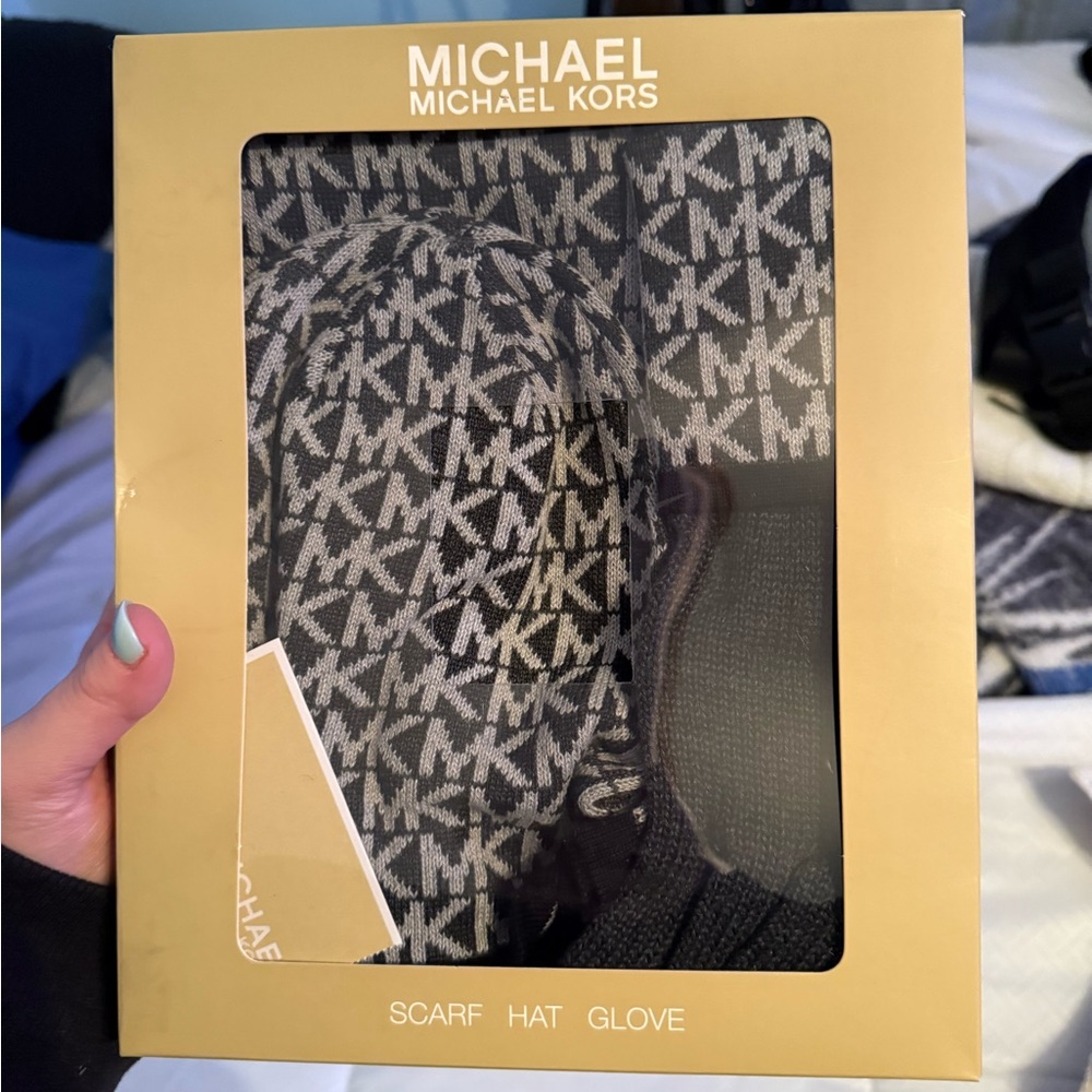 Michael Kors Black and Gray Scarf, Hat, and Glove Set